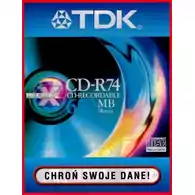 Płyta kompaktowa TDK CD-R74 650MB widok z przodu.