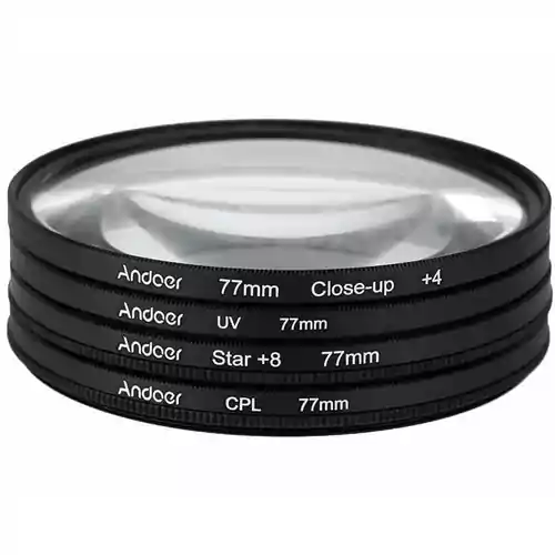 Filtr polaryzacyjny ochronny UV CPL CloseUP4 Star8 Andoer 77mm Canon Nikon widok z przodu