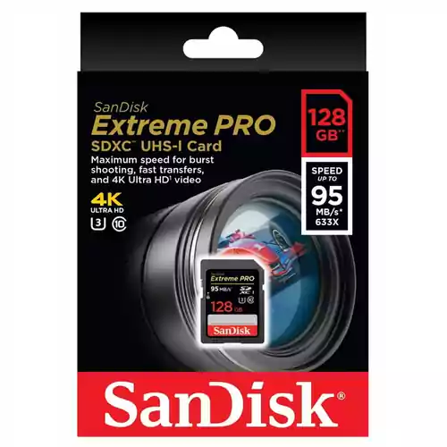 Sandisk extreme pro SDXC 128GB V30 U3 4K 95MB/s widok w opakowaniu