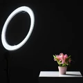 Lampa fotograficzna pierścieniowa Ring Andoer LA-650D LED 5500K 40W widok oświetlenia kwiata