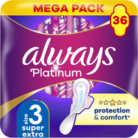 Always Platinum Super Extra rozmiar 3 – podpaski ze skrzydełkami, 36 szt.