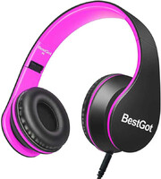 Słuchawki przewodowe dla dzieci BestGot BG6002 Czarno-różowe widok z przodu.
