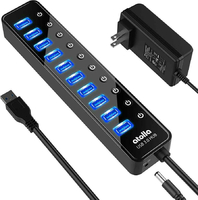 Zasilany koncentrator rozdzielacz HUB 10x USB 3.0 atolla 12V 2,5A. widok z przodu.