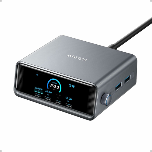 Anker Prime 250 W A2345 – biurkowa ładowarka GaN 6 portów z wyświetlaczem, srebrna