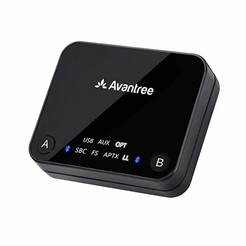 Bezprzewodowy adapter audio nadajnik Avantree Audikast BT 5.0 TV PC aptX widok z przodu