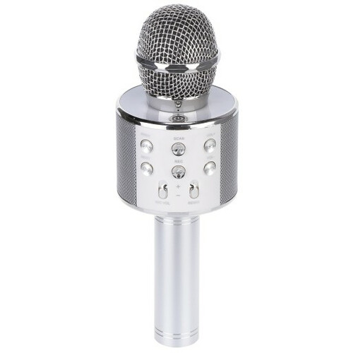 Bezprzewodowy mikrofon Bluetooth do karaoke WS-858 srebrny widok z przodu