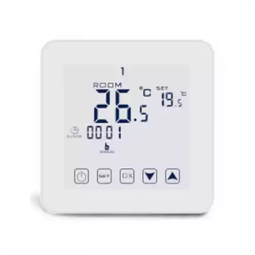 Bezprzewodowy termostat WiFi biały HY08 do ogrzewania podłogowego z temperaturą zewnętrzną Nr + WiFi widok z przodu