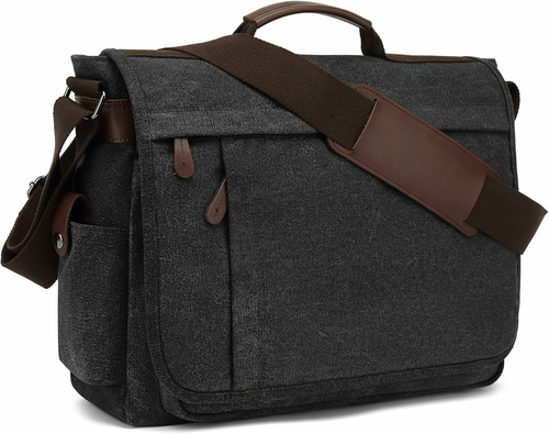 CALIYO Torba szkolna na ramię z płótna, na laptopa 15,6", czarna