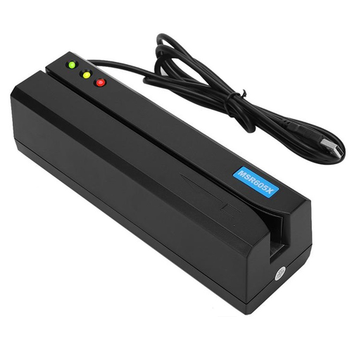 Czytnik kart kredytowych z pasekiem magnetycznym Enkoder MSR206 Deftun MSR605X USB czarny widok z przodu.