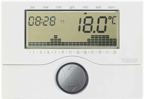 Elektroniczny termostat regulacja temperatury VIMAR 01910 biały widok z przodu.