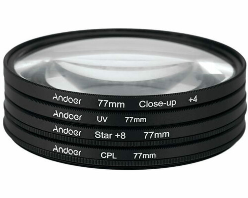Filtr polaryzacyjny ochronny UV CPL CloseUP4 Star8 Andoer 77mm Canon Nikon widok z przodu