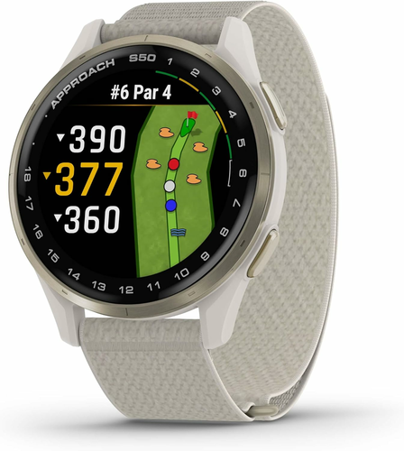 Garmin Approach S50 – smartwatch golfowy GPS, kremowo-złoty, pasek kości słoniowej