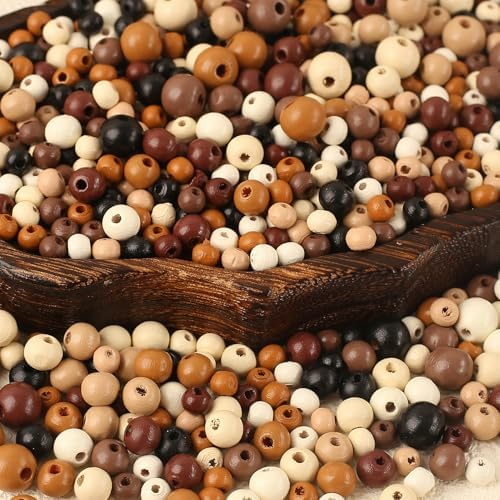 HERZONE drewniane koraliki vintage 6–10 mm, ok. 1200 szt., ciemna mieszanka