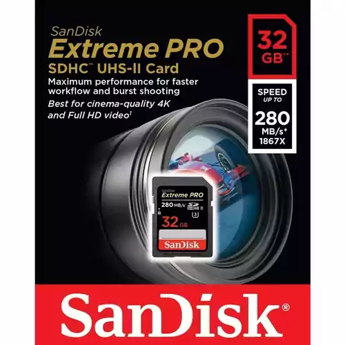 Karta Sd Sandisk extreme pro SDXC 32GB U3 4K 280MB/s widok w opakowaniu