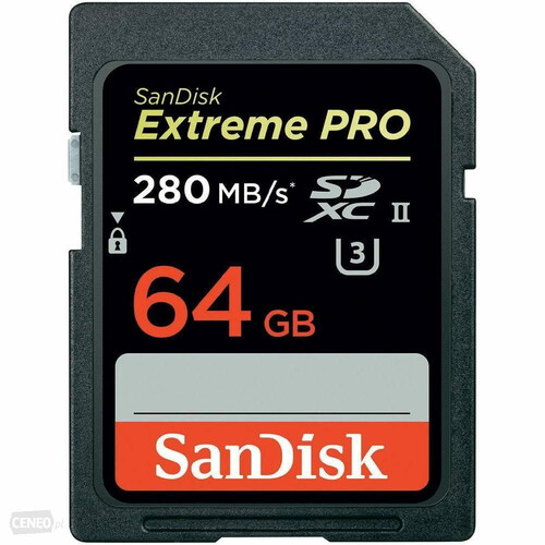 Karta Sd Sandisk extreme pro SDXC 64GB U3 4K 280MB/s widok z przodu