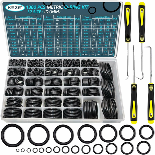KEZE oringi NBR 1380 szt., 32 rozmiary 3–50 mm, z haczykami