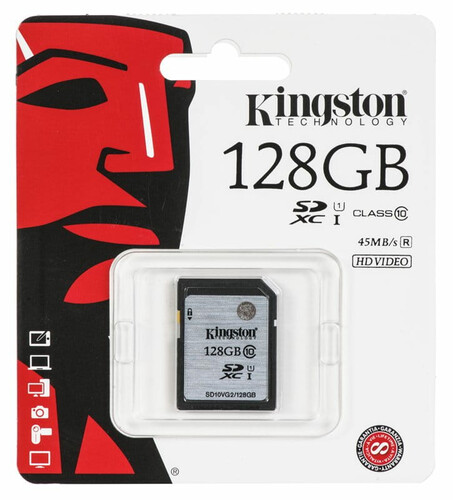 Kingston karta SD SDXC klasa 10 UHS-I 128GB 45MB/s widok w opakowaniu