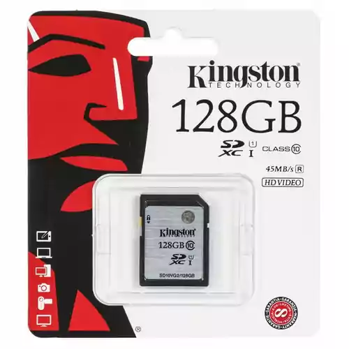 Kingston karta SD SDXC klasa 10 UHS-I 128GB 45MB/s widok w opakowaniu