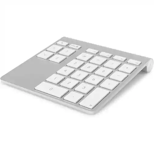 Klawiatura bezprzewodowa numeryczna Belkin YourType F8T067 MacBook Pro srebrna widok z przodu.