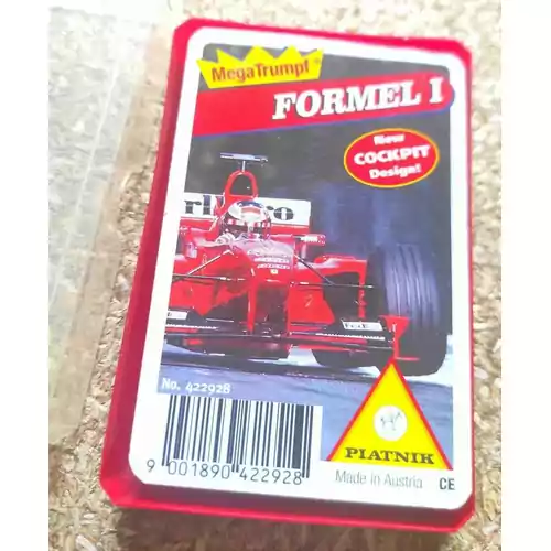 Kolekcjonerskie karty Vintage F1 Formula 1 MegaTrumpf rzadkie widok z przodu.