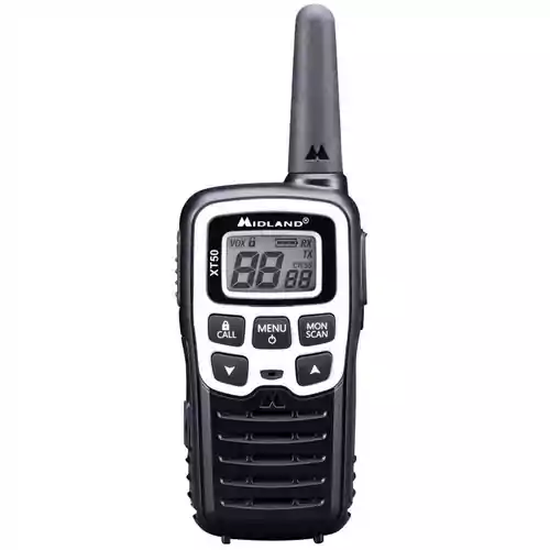 Krótkofalówka walkie talkie radiotelefon analogowy MIDLAND XT50 PMR446 X2 widok z przodu.
