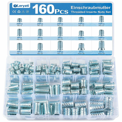 Leryati mufy wkręcane M6/M8/M10 – zestaw 160 szt. w organizerze