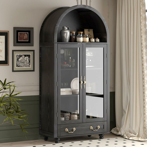LNRLZYLS witryna szklana z szufladą – czarna, złote uchwyty, 79 x 180 cm, styl vintage