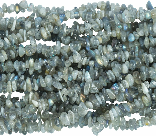 Lovionus89 labradoryt – koraliki chipsy 5–8 mm, 2 sznury (łącznie ok. 150 cm)