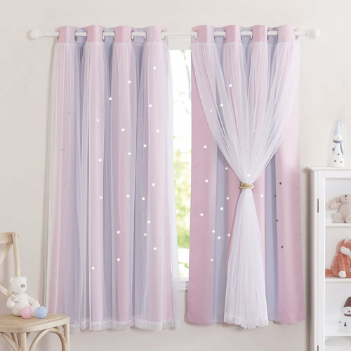 NICETOWN zasłony dziecięce z gwiazdami i woalem 2 szt. 132 x 160 cm – różowe