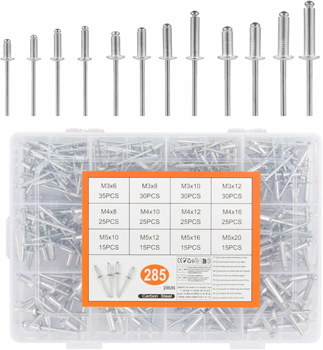 Nity zrywalne aluminiowe 3,2/4/4,8 mm – zestaw 285 szt. w pudełku