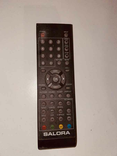 Oryginalny pilot Salora do TV LCD czarny widok z przodu.
