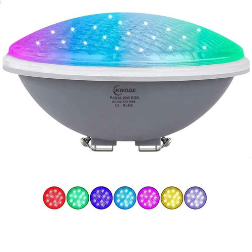 Oświetlenie basenowe LED KWODE PAR56 20W RGB IP68 bez pilota widok z przodu.