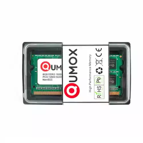 Pamięć Qumox 8GB 1600 DDR3 8 GB PC3-12800 SO-DIMM PC3 RAM 204pin cl11 widok z przodu w opakowaniu