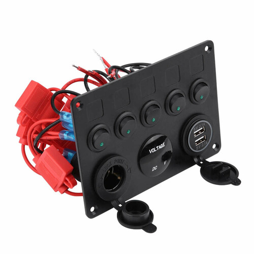 Panel przełączników do samochodu 2xUSB 4.2A 12V zapalniczka 5 przycisków widok z przodu