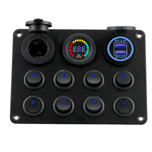 Panel przełączników do samochodu 2xUSB 4.2A 12V zapalniczka 8 przycisków widok z przodu