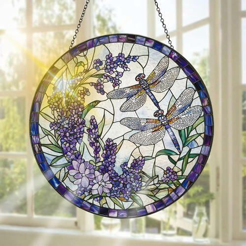 Pavemlo – witrażyk ważka 20 x 20 cm, szklany łapacz słońca do zawieszenia