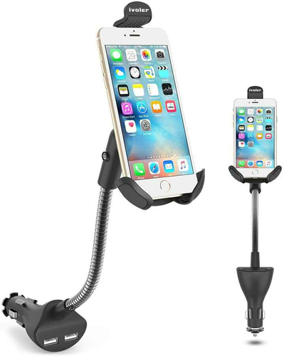 Samochodowy uchwyt na telefon z ładowarką ivoler 2xUSB widok z przodu.