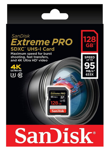 Sandisk extreme pro SDXC 128GB V30 U3 4K 95MB/s widok w opakowaniu