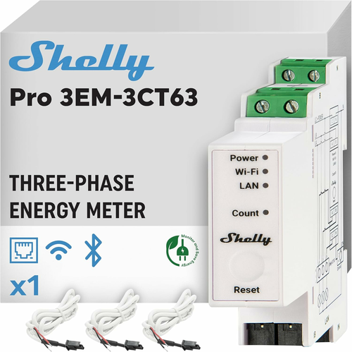 Shelly Pro 3EM-3CT63 – trójfazowy licznik energii WiFi, montaż na szynę DIN