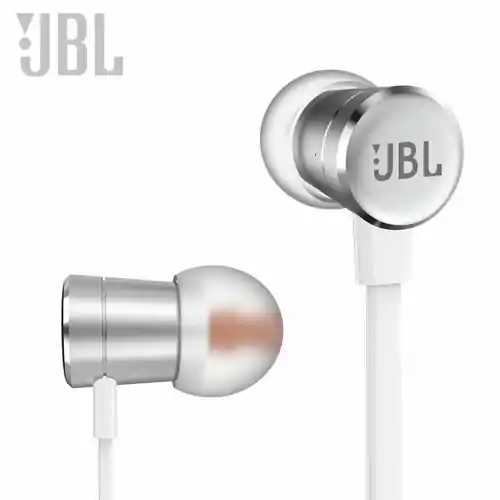 Słuchawki dokanałowe JBL T290 Harman mikrofon etui widok z przodu i boku