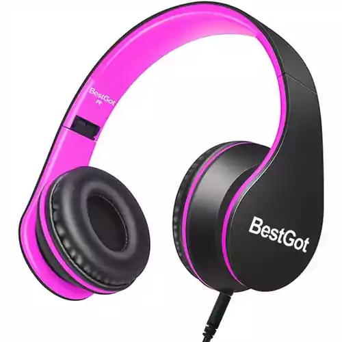 Słuchawki przewodowe dla dzieci BestGot BG6002 Czarno-różowe widok z przodu.