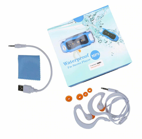 Sportowy wodoodporny MP3 klips FM IPX8 4GB Li-Po kolory widok z opakowaniem