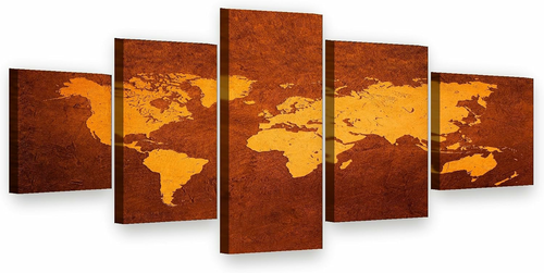 Visario Mapa świata vintage 160x80 cm – 5-częściowy obraz na płótnie, brąz i ochra