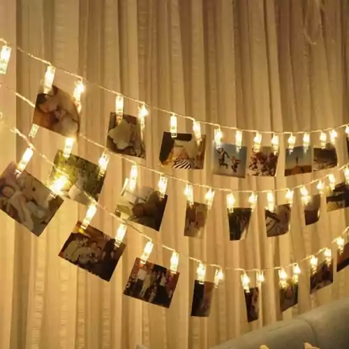 Zestaw 20 lampek LED klipsy fotograficzne Enjoy Life ciepłe światło widok z przodu.