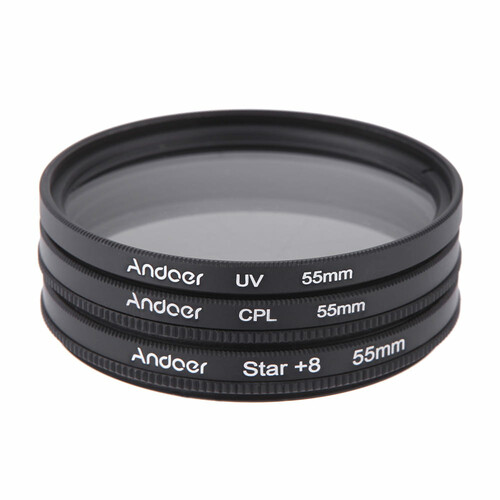 Zestaw filtrów polaryzacyjnych Andoer 55mm Star 8/CPL/UV/Close-up +4 Nikon Canon Sony Pentax widok z przodu