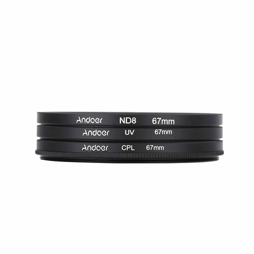 Zestaw filtrów polaryzacyjnych Andoer 67mm ND8 CPL UV Nikon Canon Sony Pentax widok z przodu