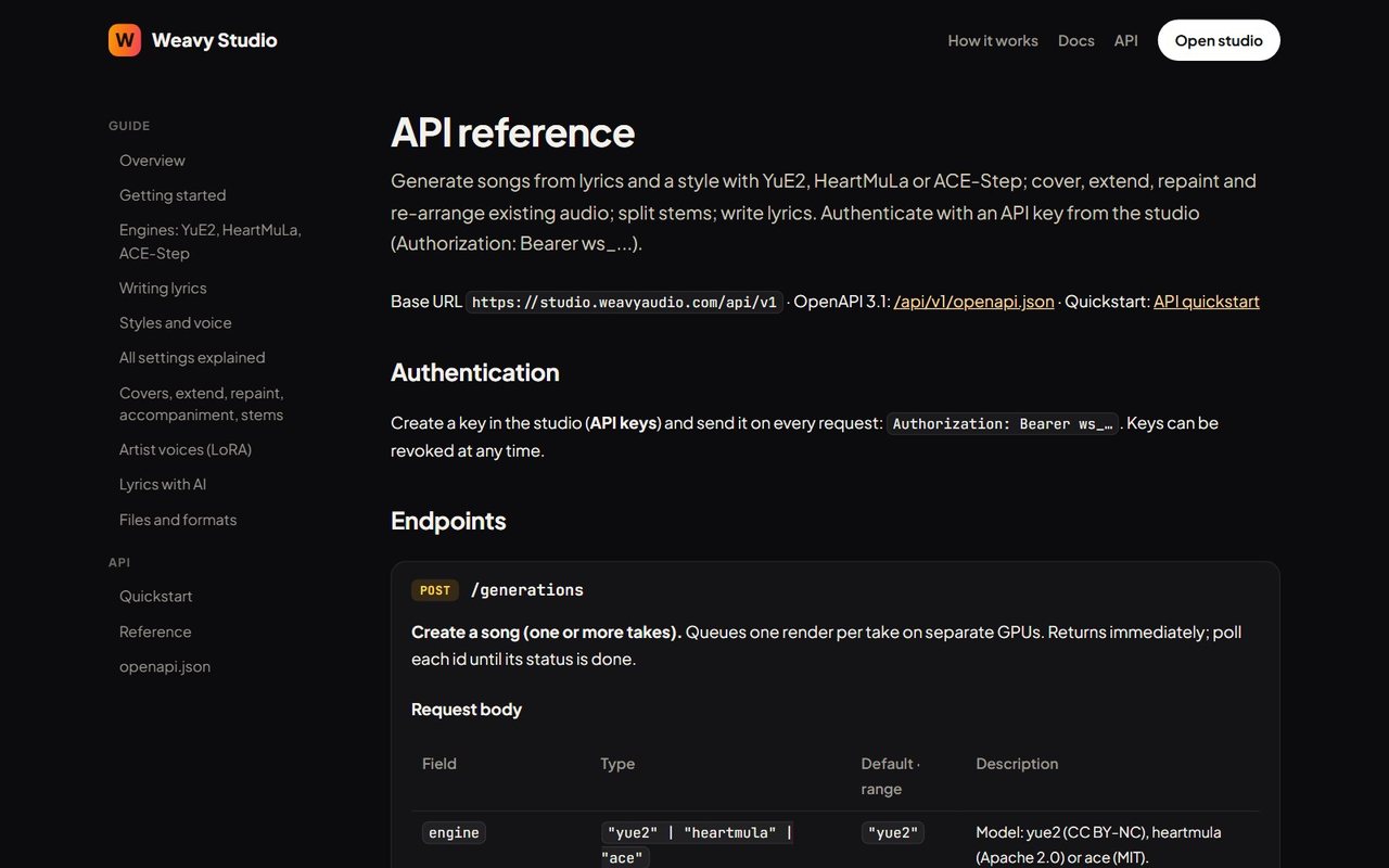 API reference Weavy Studio (EN): adres bazowy, uwierzytelnianie kluczem API i opis zapytania POST /generations