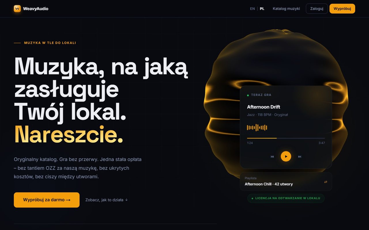 Strona główna WeavyAudio po polsku: hasło o muzyce dla lokalu, przycisk Wypróbuj za darmo i podgląd odtwarzacza