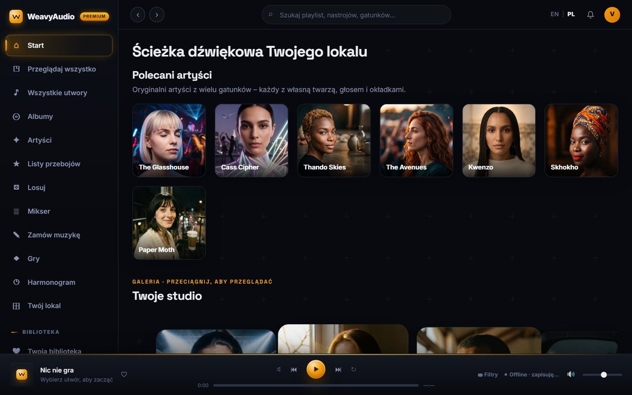 Ekran startowy aplikacji WeavyAudio z menu bocznym, polecanymi artystami i paskiem odtwarzacza