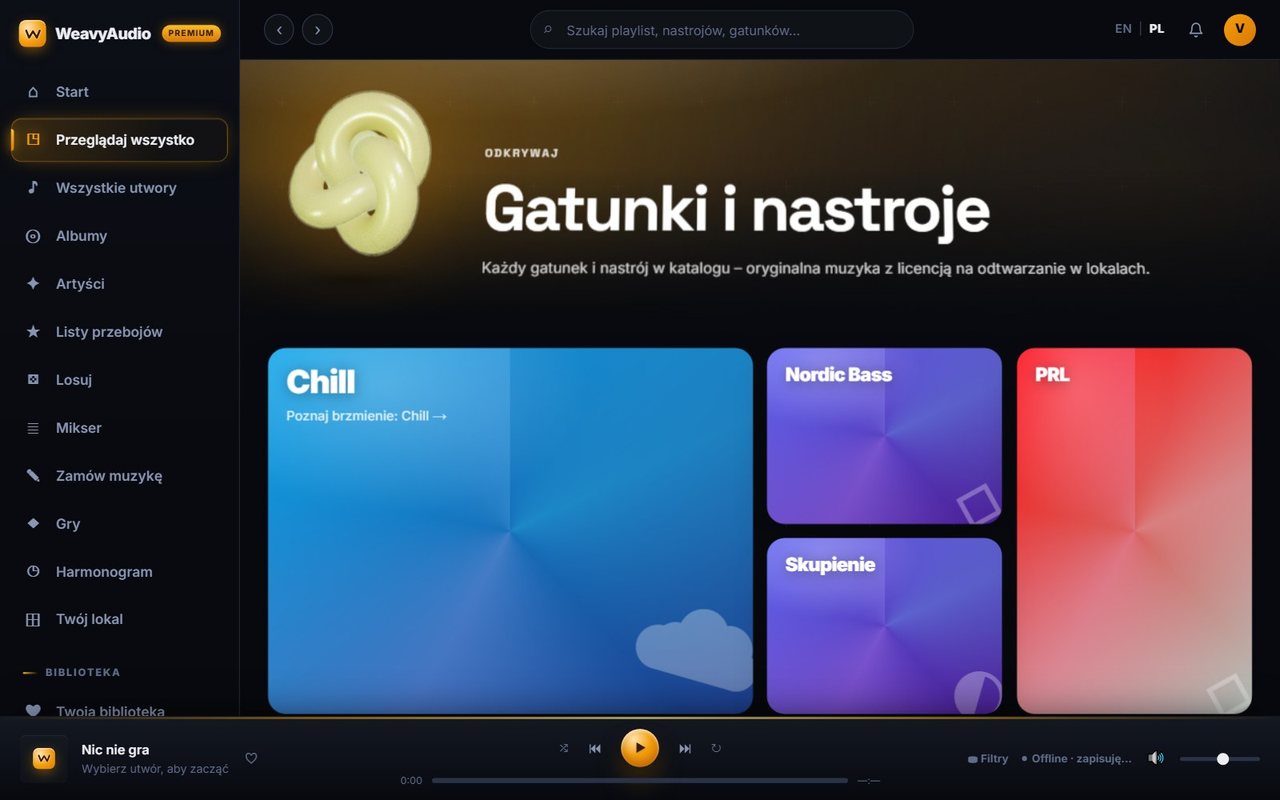 Strona Gatunki i nastroje w WeavyAudio z kaflami Chill, Nordic Bass, PRL i Skupienie